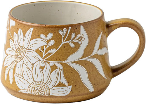 Handmade Ceramic Mug 13oz Wide Mouth Coffee Cup with Handle – Floral Embossed Design