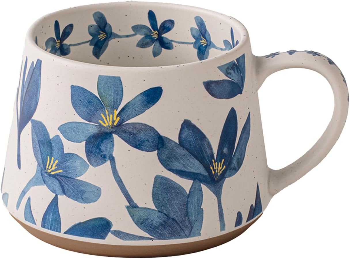 Nordic Ceramic Mug with Blue Floral Design – 13oz Large Coffee Tea Cup