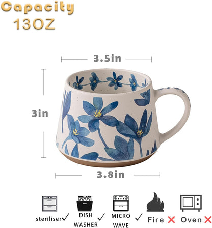 Nordic Ceramic Mug with Blue Floral Design – 13oz Large Coffee Tea Cup