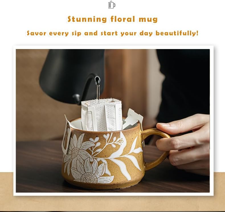 Handmade Ceramic Mug 13oz Wide Mouth Coffee Cup with Handle – Floral Embossed Design