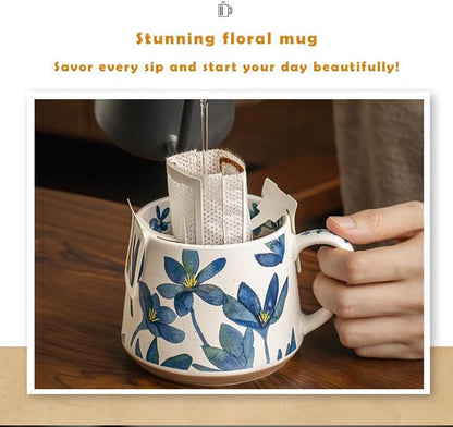 Nordic Ceramic Mug with Blue Floral Design – 13oz Large Coffee Tea Cup