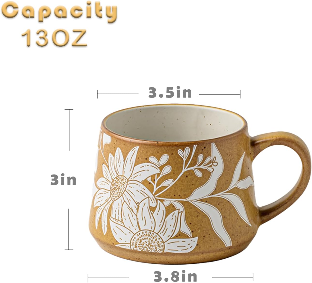 Handmade Ceramic Mug 13oz Wide Mouth Coffee Cup with Handle – Floral Embossed Design