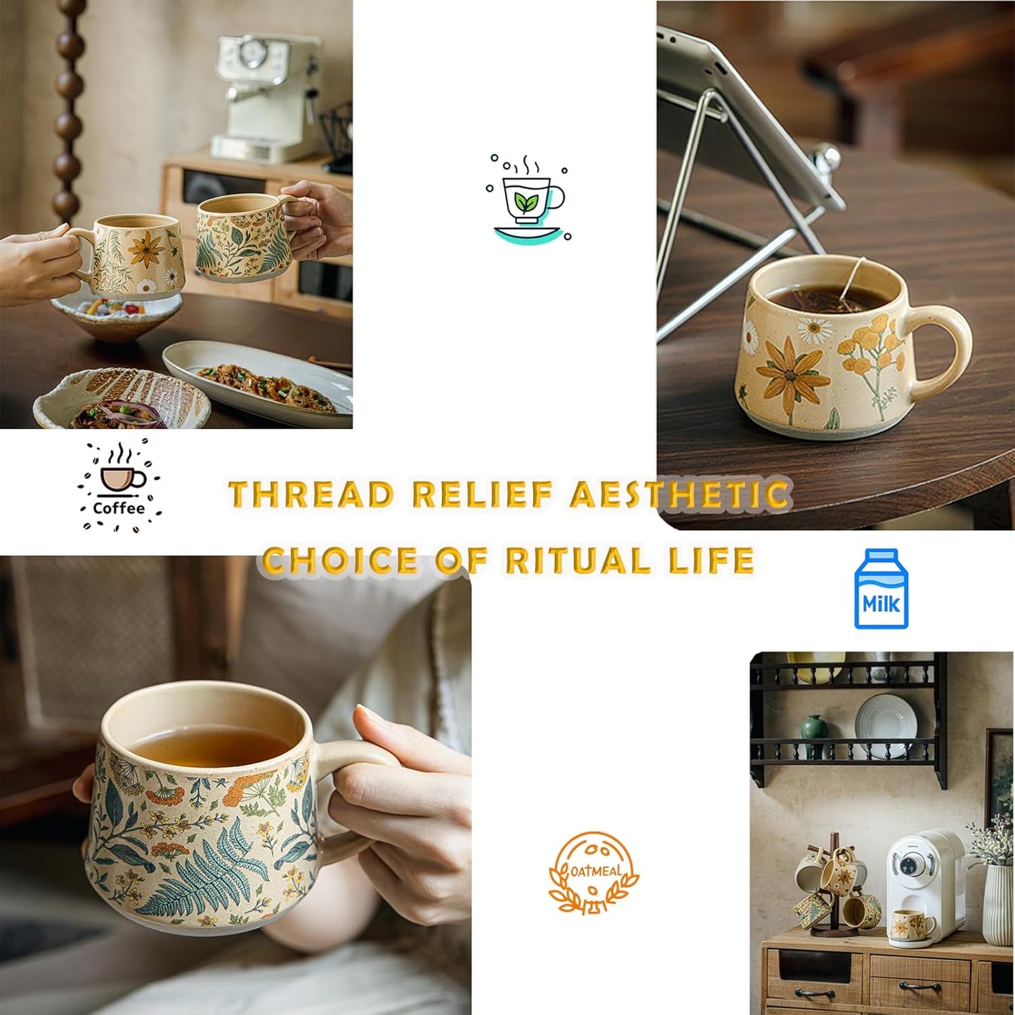 Vintage Botanical Ceramic Mug – 13oz Large Capacity Coffee Cup