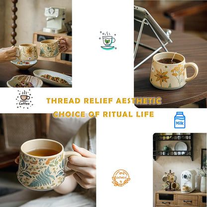 Vintage Botanical Ceramic Mug – 13oz Large Capacity Coffee Cup