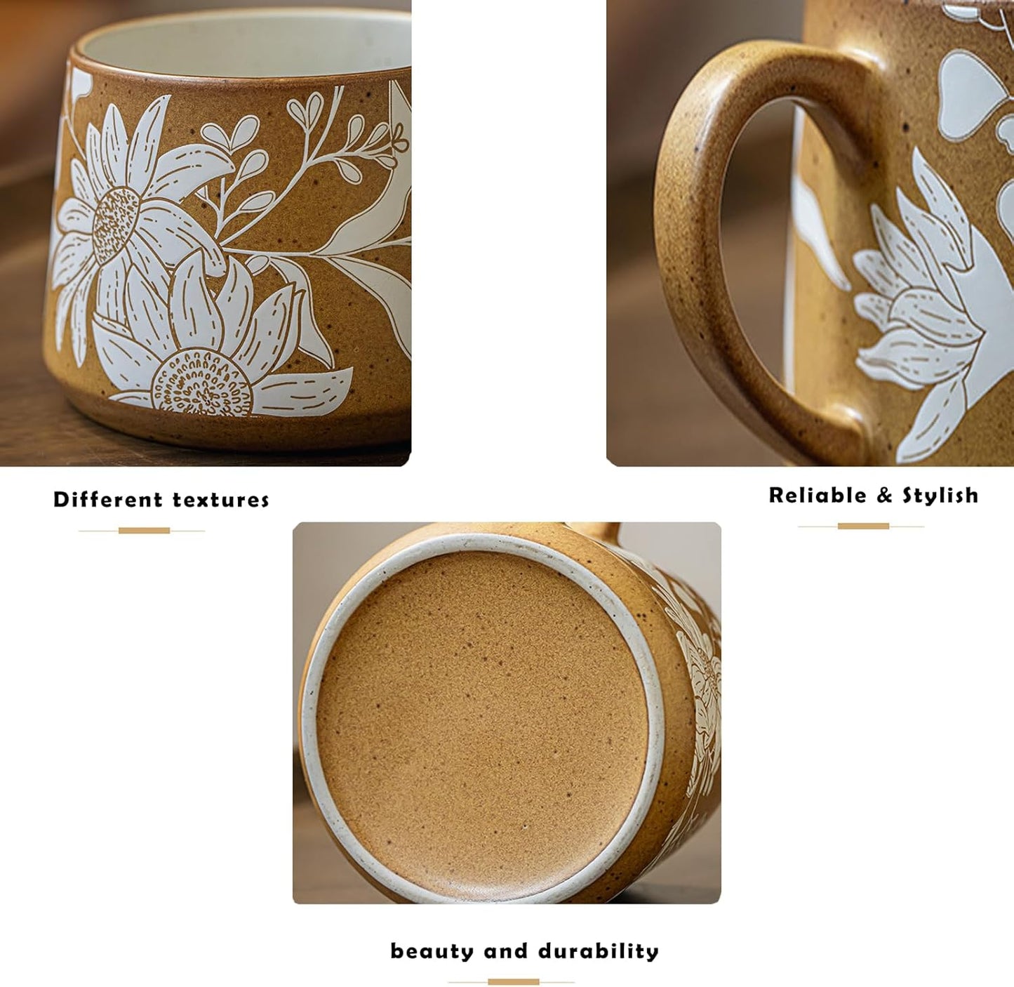 Handmade Ceramic Mug 13oz Wide Mouth Coffee Cup with Handle – Floral Embossed Design