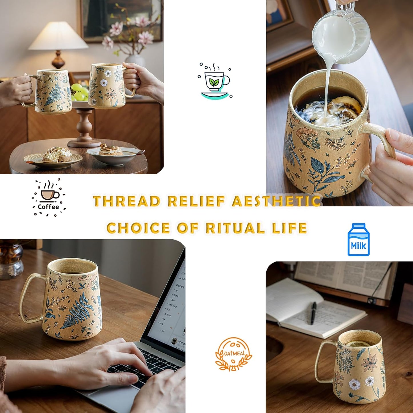 Vintage Hand-Painted Floral Ceramic Mug 25oz Large Capacity Coffee Milk Tea Cup