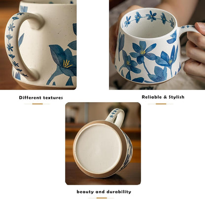 Nordic Ceramic Mug with Blue Floral Design – 13oz Large Coffee Tea Cup