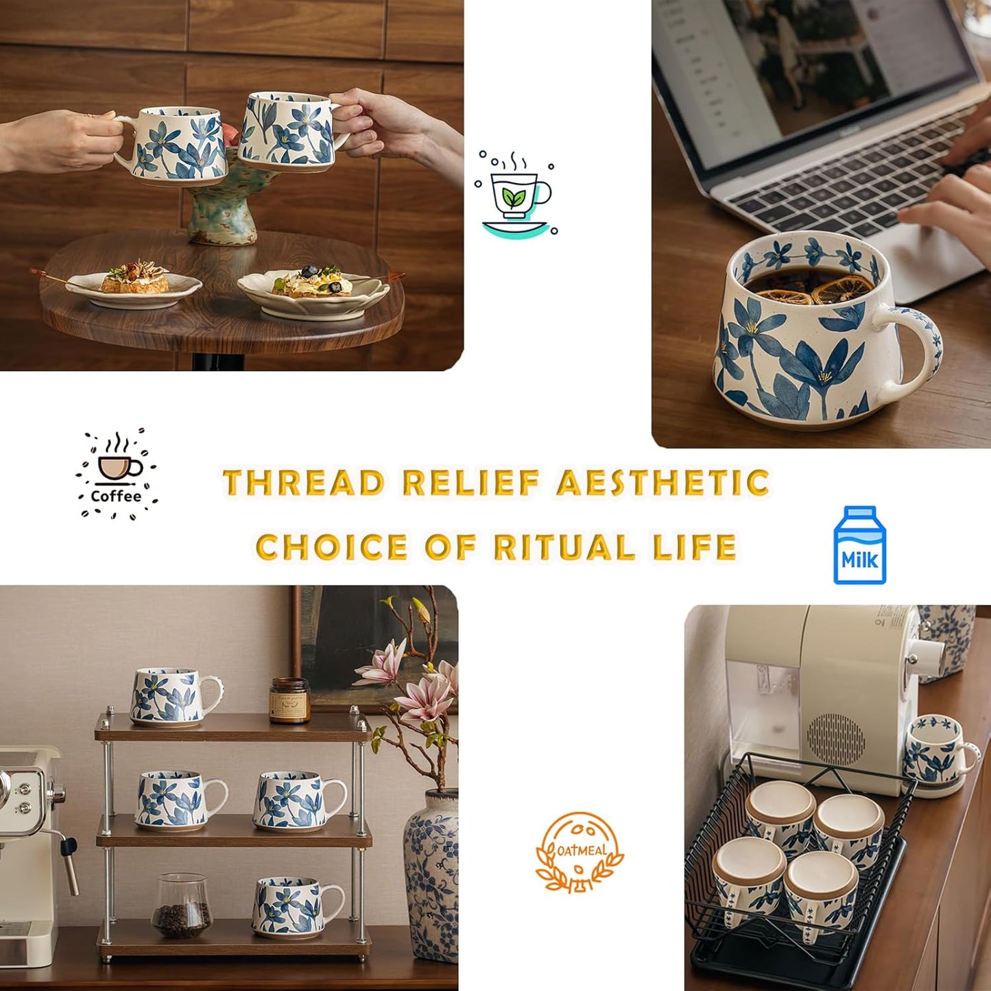 Nordic Ceramic Mug with Blue Floral Design – 13oz Large Coffee Tea Cup