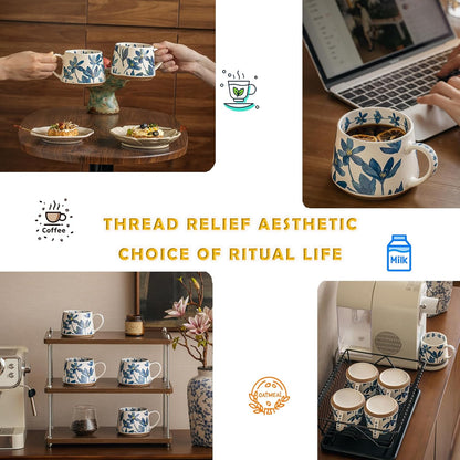 Nordic Ceramic Mug with Blue Floral Design – 13oz Large Coffee Tea Cup