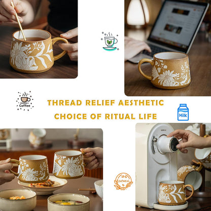 Handmade Ceramic Mug 13oz Wide Mouth Coffee Cup with Handle – Floral Embossed Design